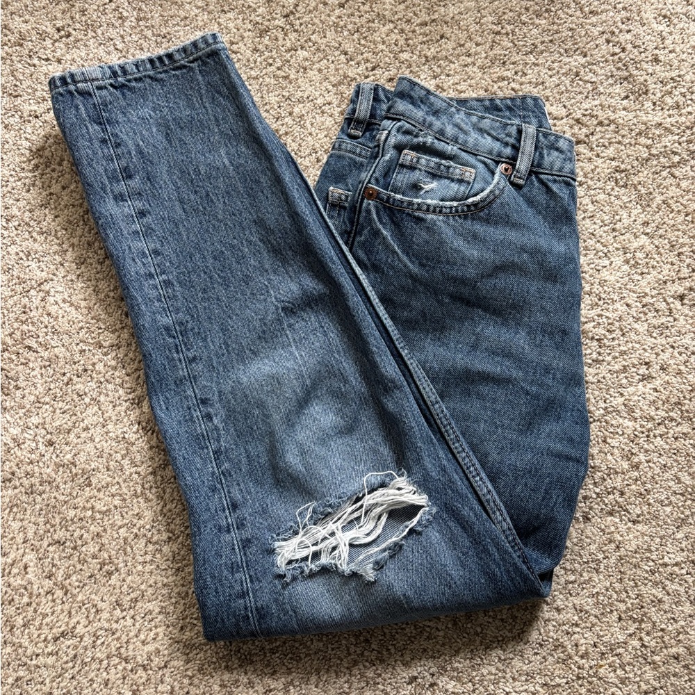 Zara Jeans Womens Blue Denim Cotton High Rise Distressed Straight Leg Size 6 - Picture 9 of 9